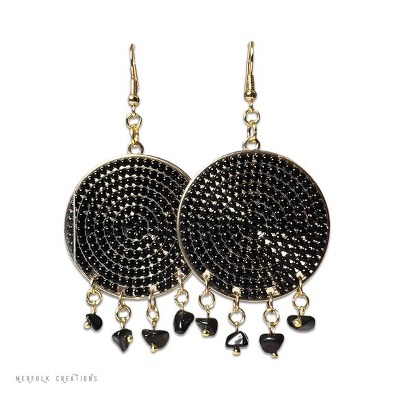 Upcycled Black & Gold Hoops w/ Black Agate and 18K Fishhook Earrings - Picture 2 of 5